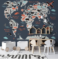 Thumbnail for Papier Peint Carte du Monde <br/> Bleu profond et Animaux