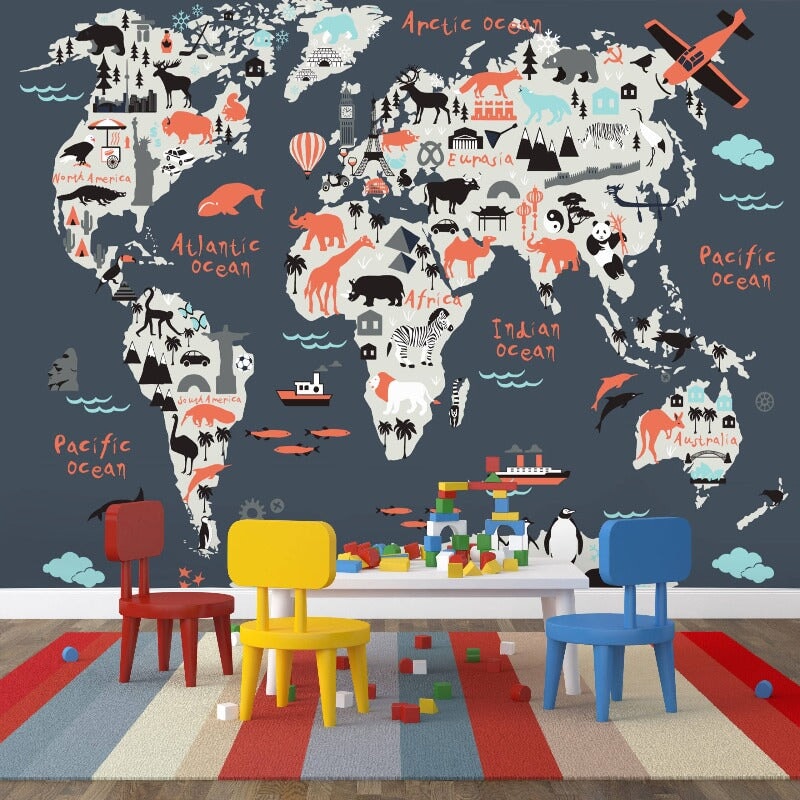 Papier Peint Carte du Monde <br/> Bleu profond et Animaux