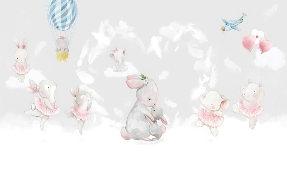 Papier Peint Bébé Classique <br/> Lapin Fond Gris et Amour