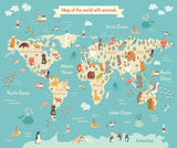 Papier Peint Carte du Monde <br/> Animaux Mappemonde