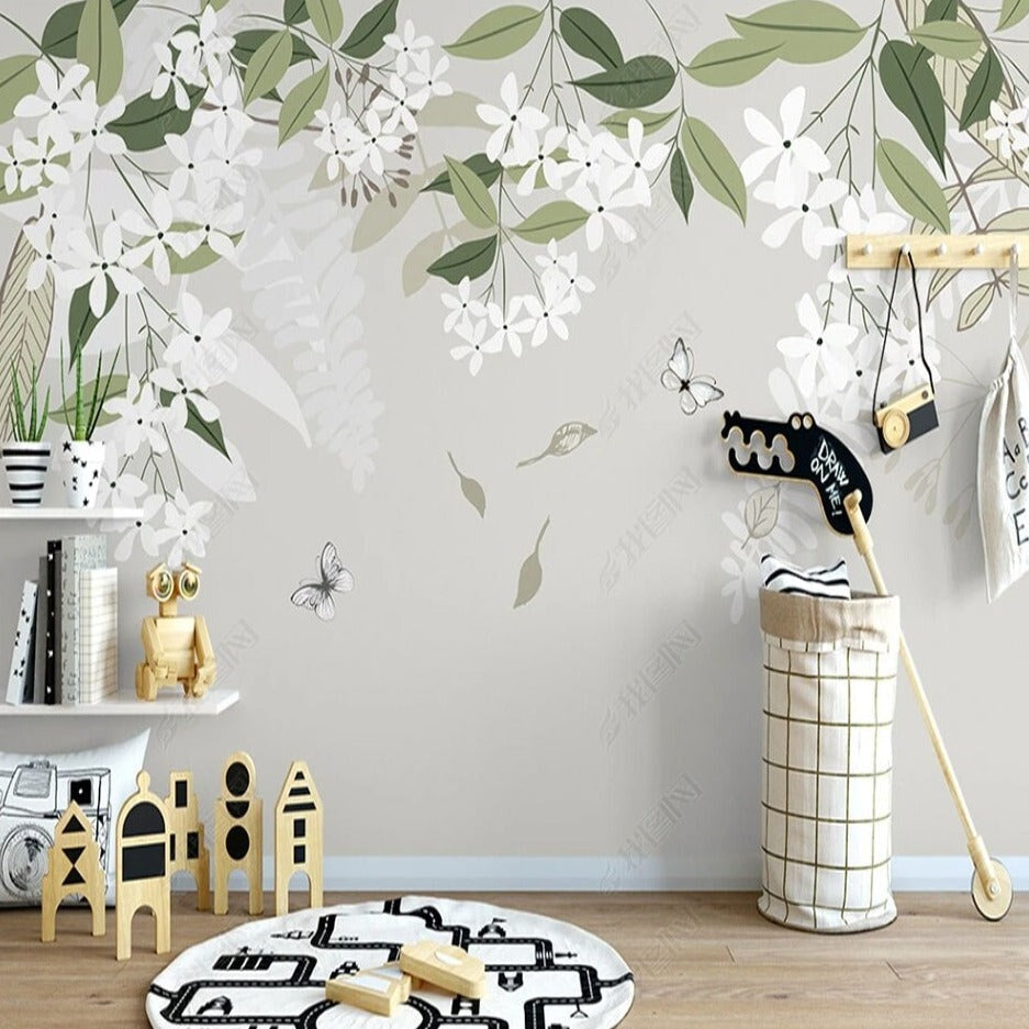 Papier Peint Fleur <br/> Fleuri Blanc et Gris