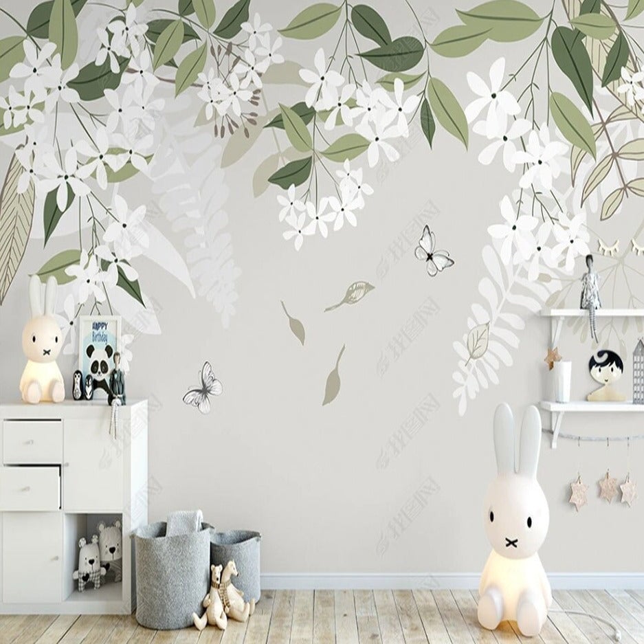 Papier Peint Fleur <br/> Fleuri Blanc et Gris