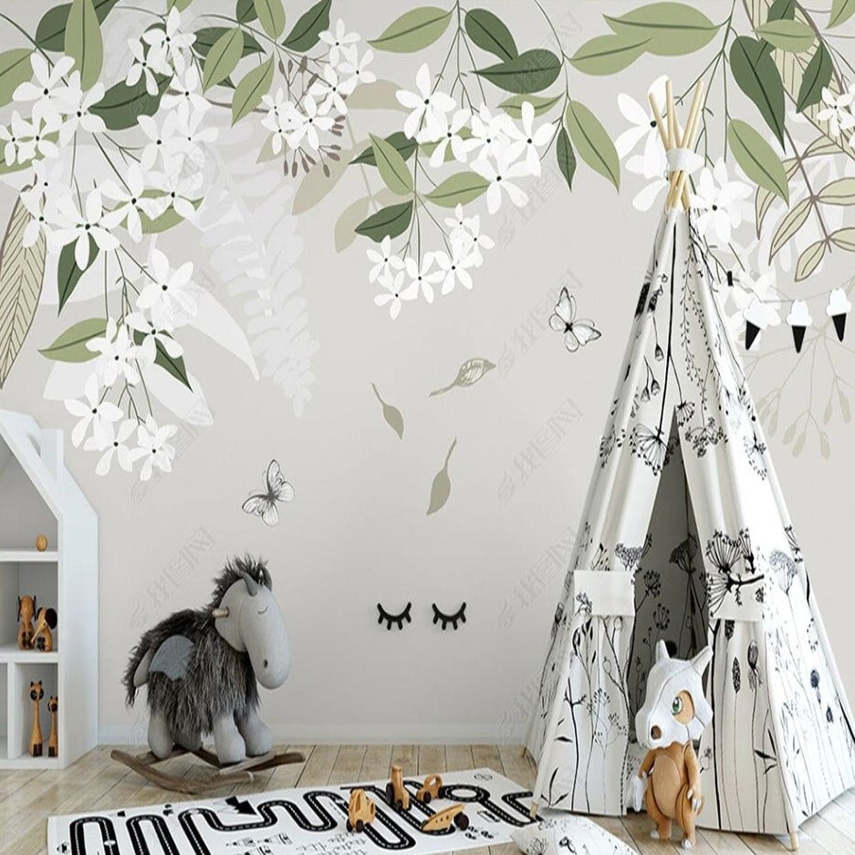 Papier Peint Fleur <br/> Fleuri Blanc et Gris