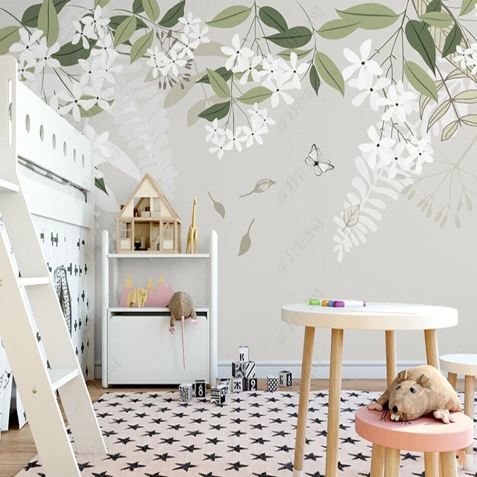 Papier Peint Fleur <br/> Fleuri Blanc et Gris