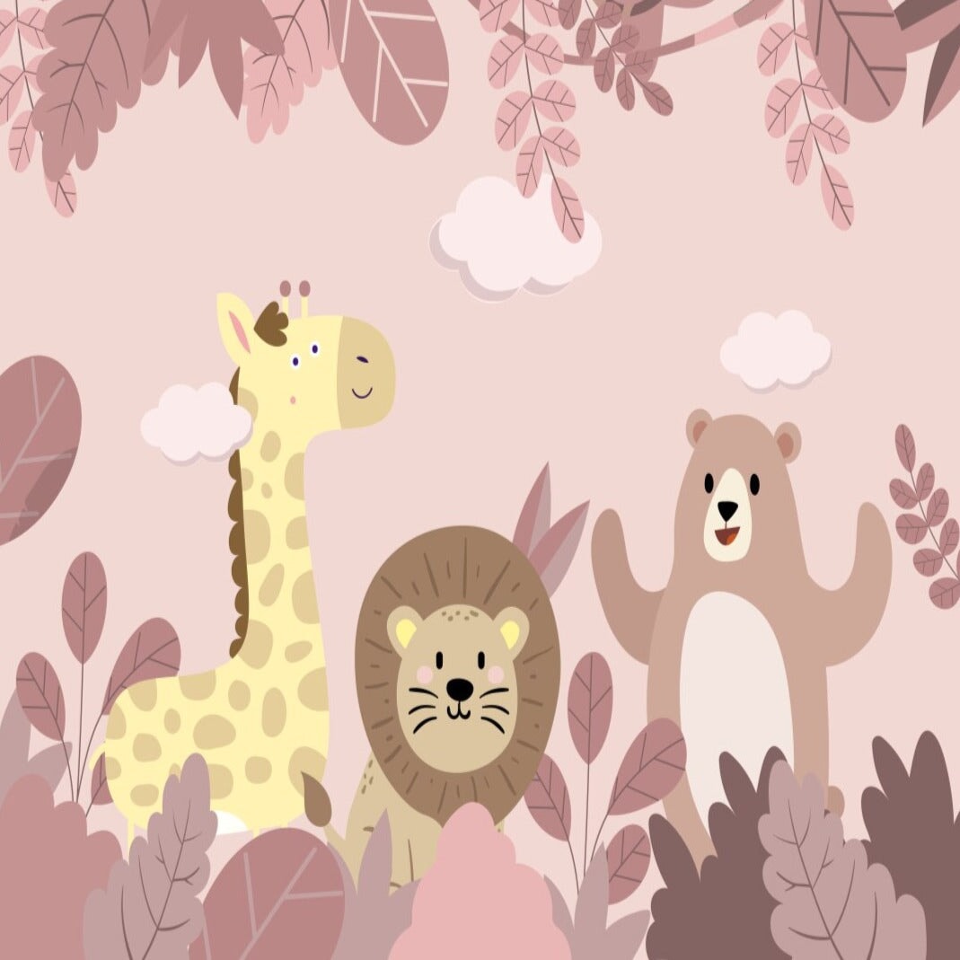 Papier Peint Animaux <br/> Fond Rose Lion & Co.