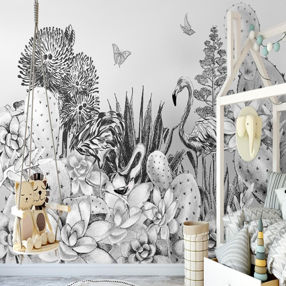 Papier Peint Flamant Rose Noir et Blanc | Le Petit Intissé