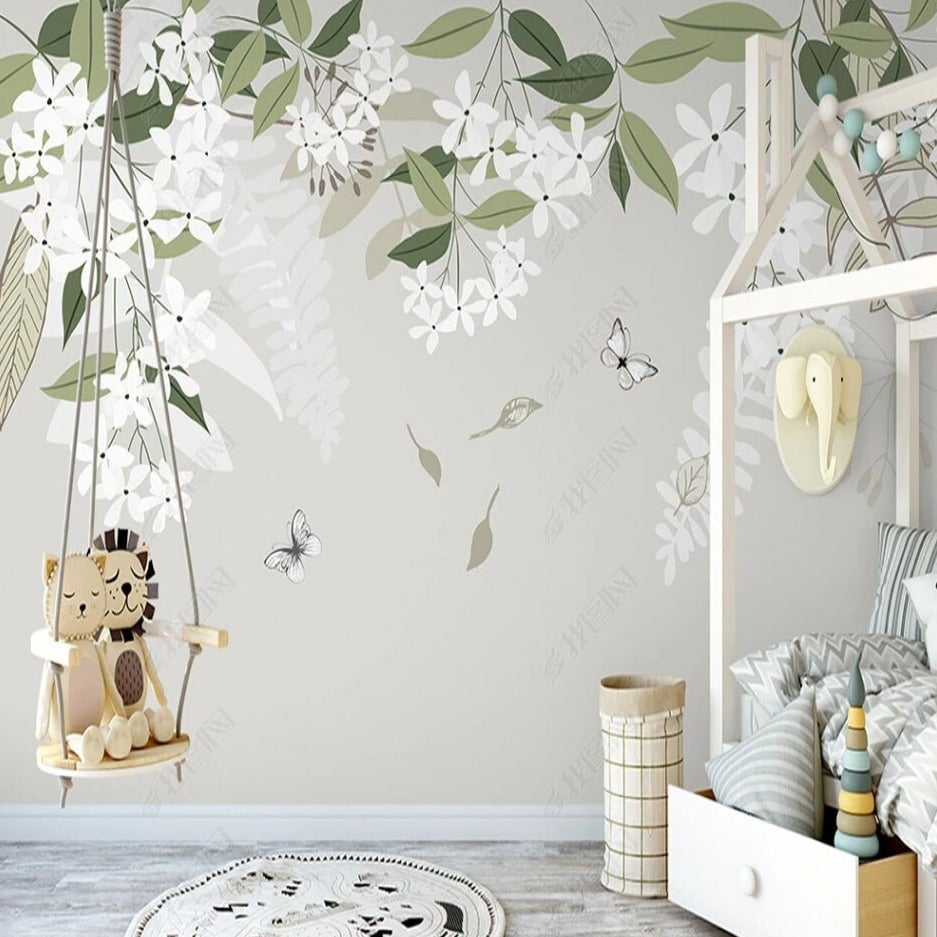 Papier Peint Fleur <br/> Fleuri Blanc et Gris