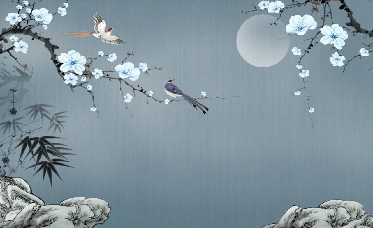 Papier Peint Photo 3D Zoé - Oiseau Et Fleur Bleue, Mural Amovible, ZHU1243