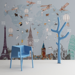 Papier Peint Carte du Monde <br/> Avion Panoramique Bleu