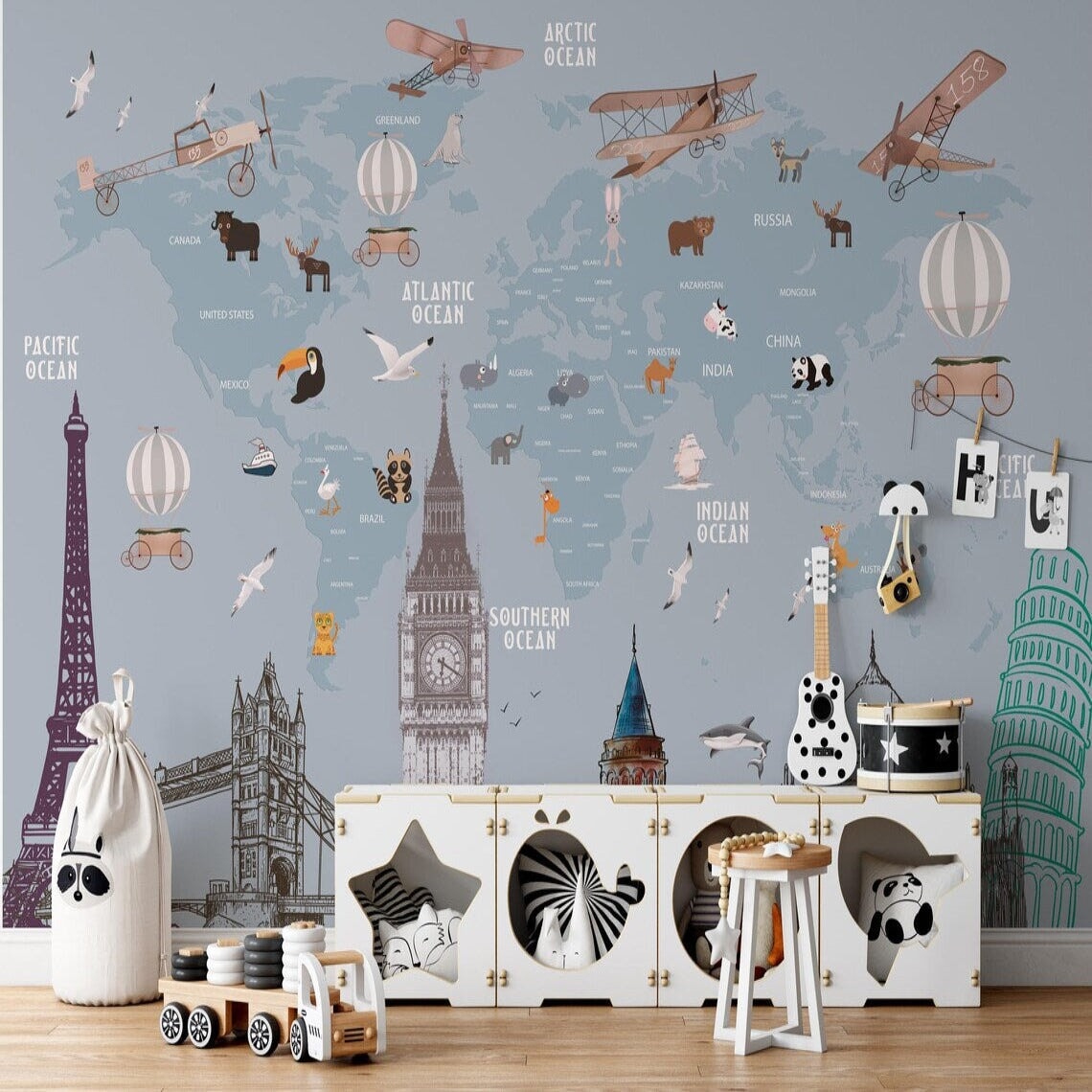 Papier Peint Carte du Monde <br/> Avion Panoramique Bleu