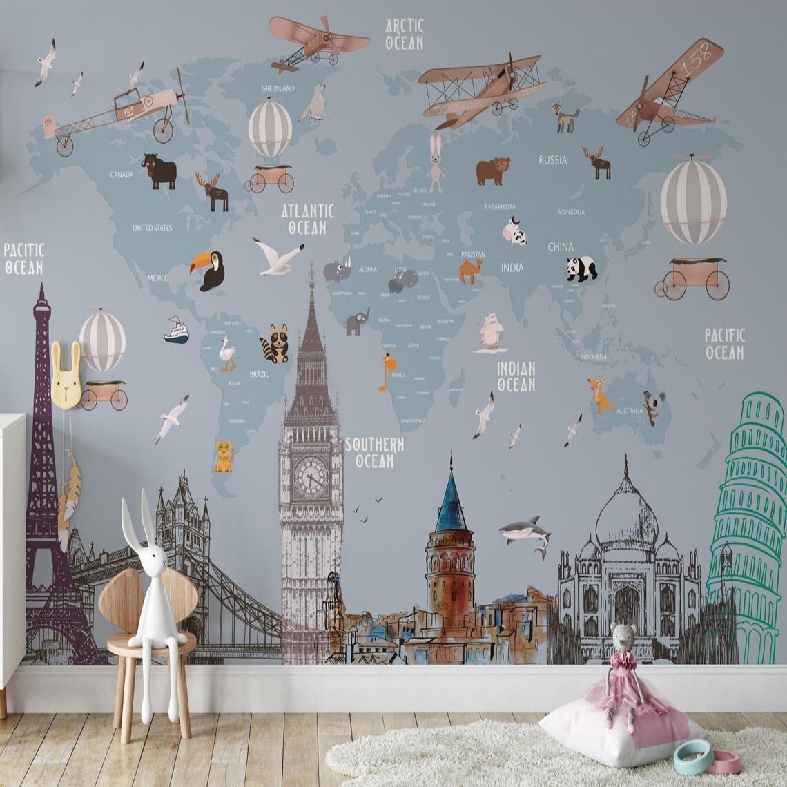 Papier Peint Carte du Monde <br/> Avion Panoramique Bleu