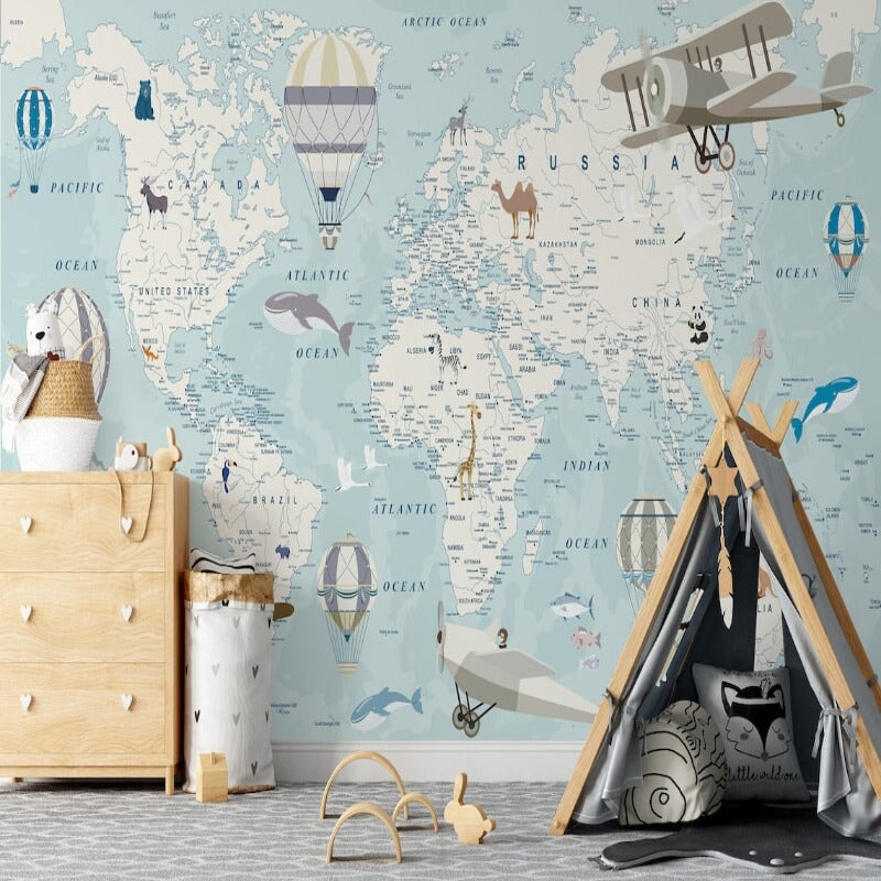 Papier Peint Carte du Monde <br/> Mappemonde Bleue