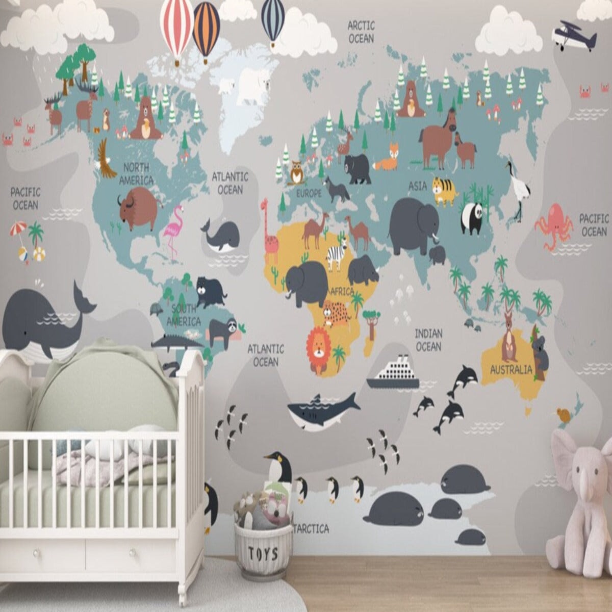 Papier Peint Carte du Monde <br/> Planisphère Gris et Animaux