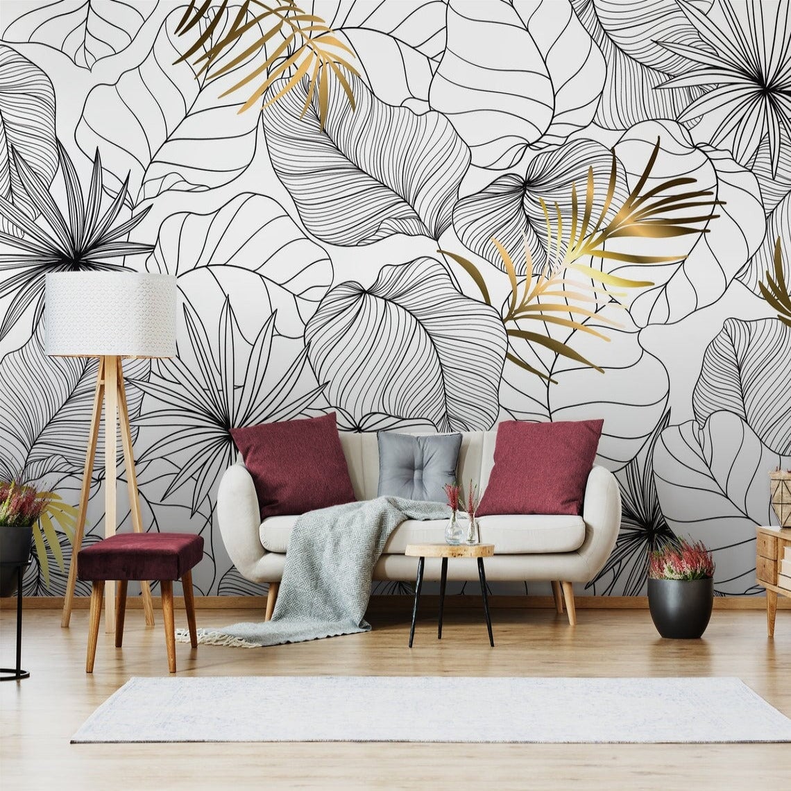 Papier Peint Tropical <br/> Jungle Or et Noir