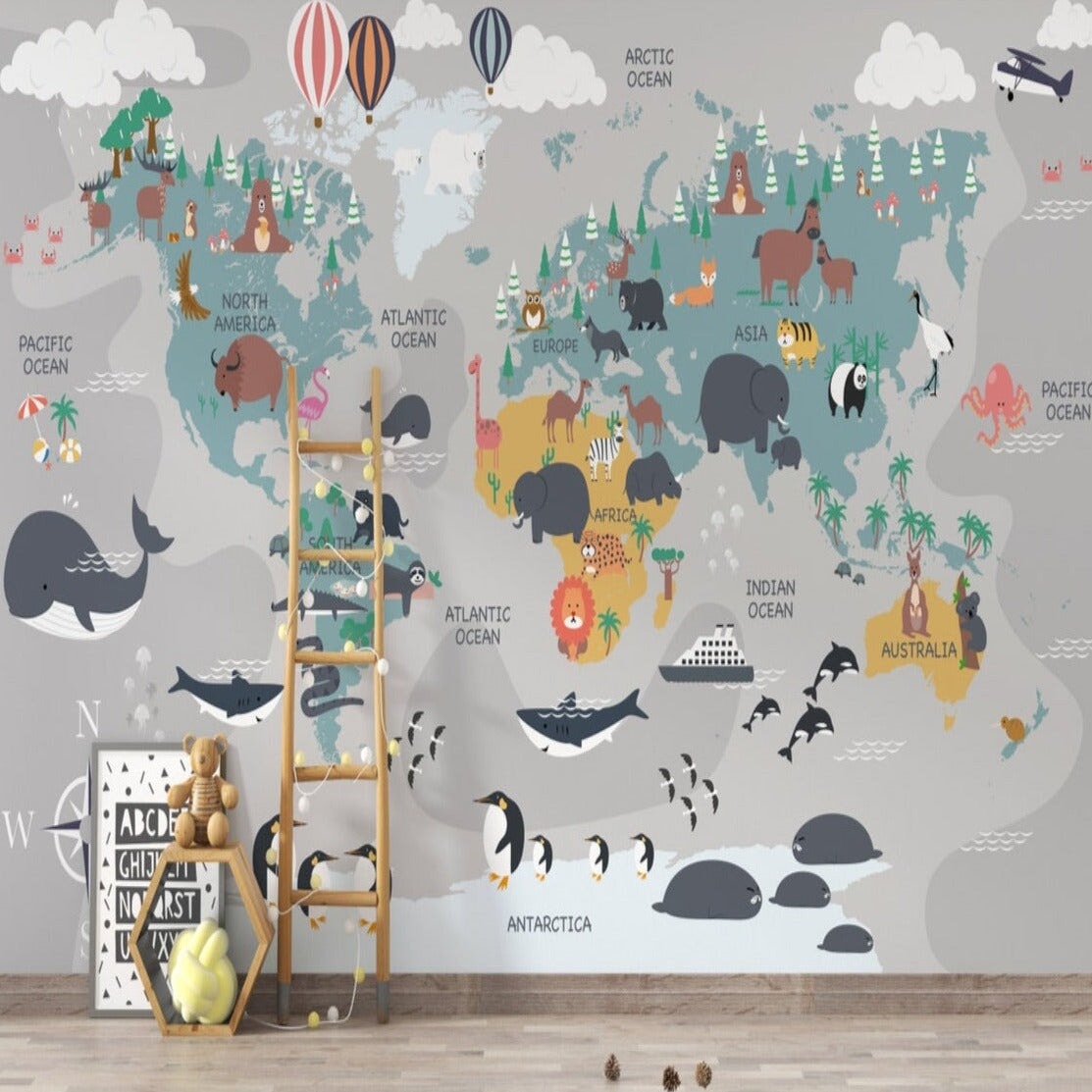 Papier Peint Carte du Monde <br/> Planisphère Gris et Animaux