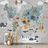 Thumbnail for Papier Peint Carte du Monde <br/> Planisphère Gris et Animaux