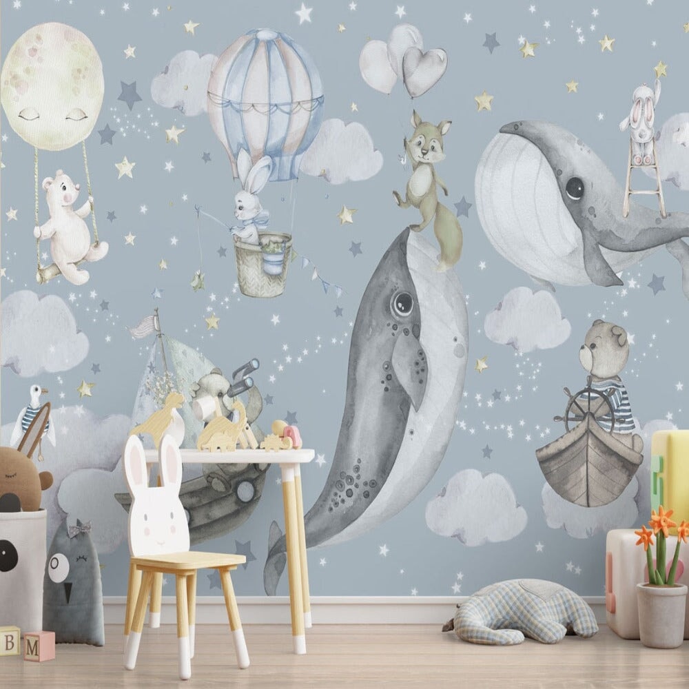 Papier Peint Animaux <br/> Nuage Bleu Marin Mignon