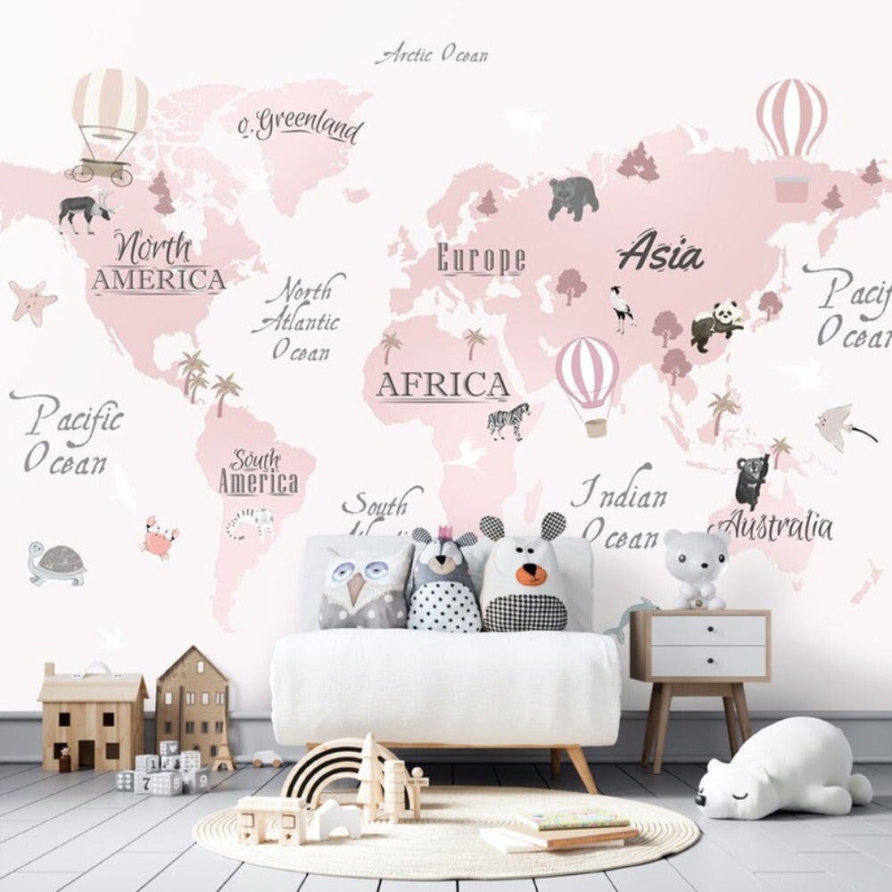Papier Peint Carte du Monde <br/> Panoramique Rose Fille