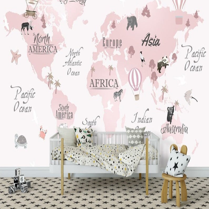 Papier Peint Carte du Monde <br/> Panoramique Rose Fille