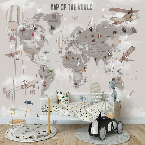 Papier Peint Carte du Monde <br/> Avion Panoramique Gris