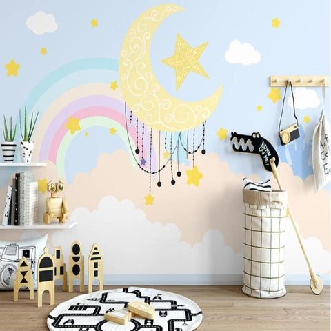 papier peint en papier intissé chambre enfants effet lumineux étoiles taupe