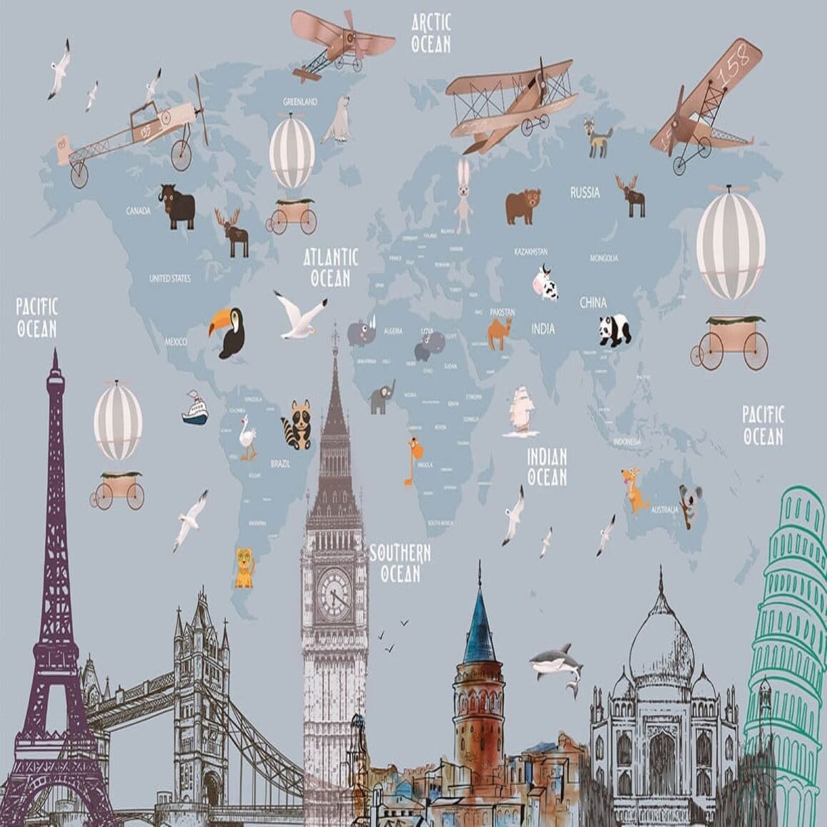 Papier Peint Carte du Monde <br/> Avion Panoramique Bleu